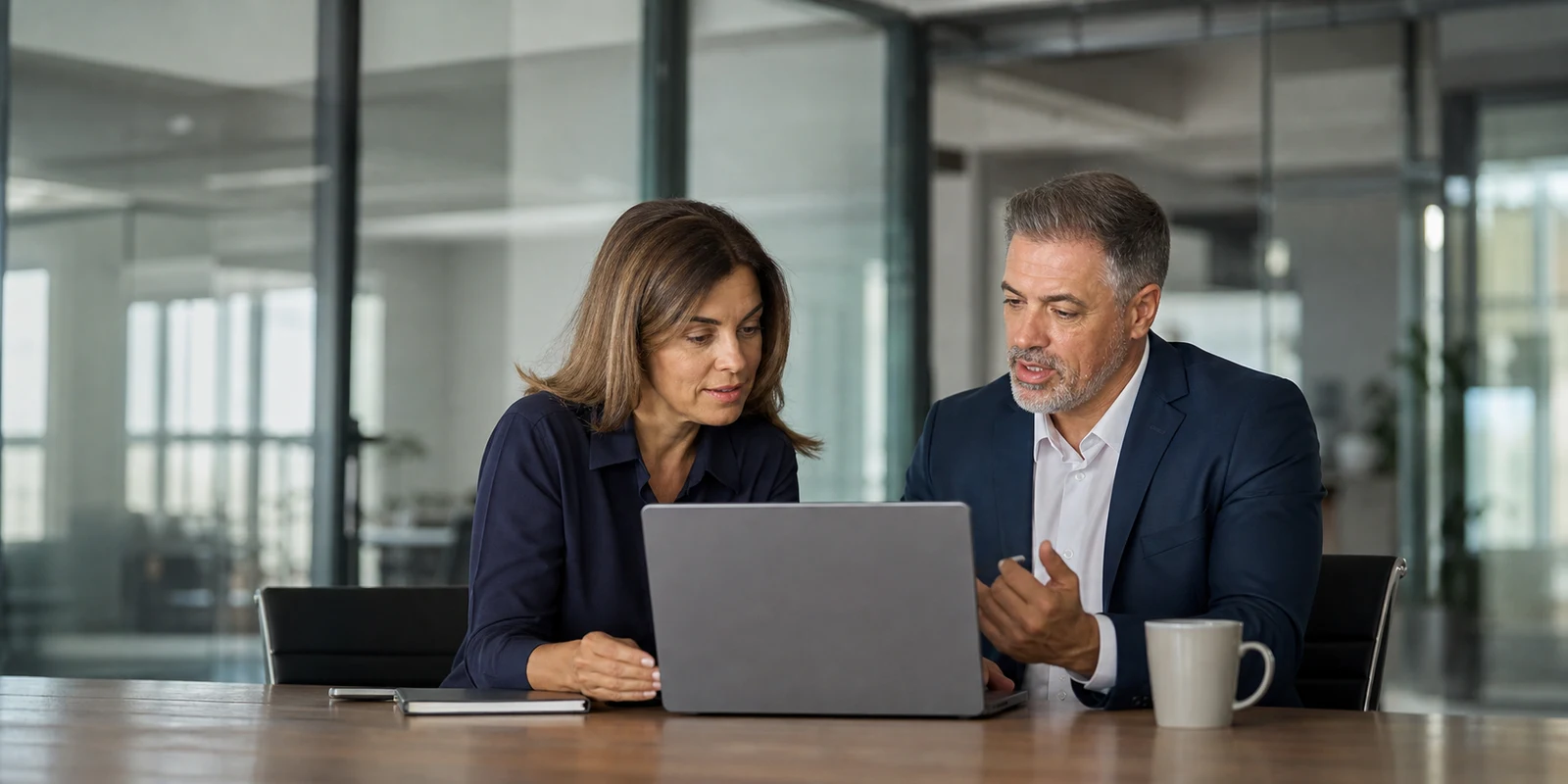 Illustrative scene of two people reviewing work together
