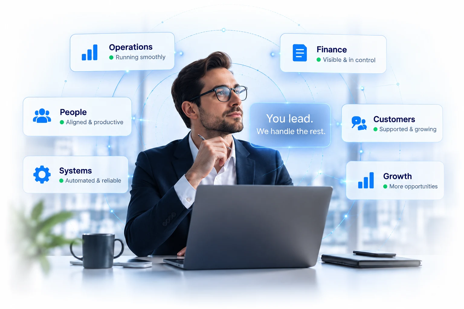 Illustration of a business owner with connected operations