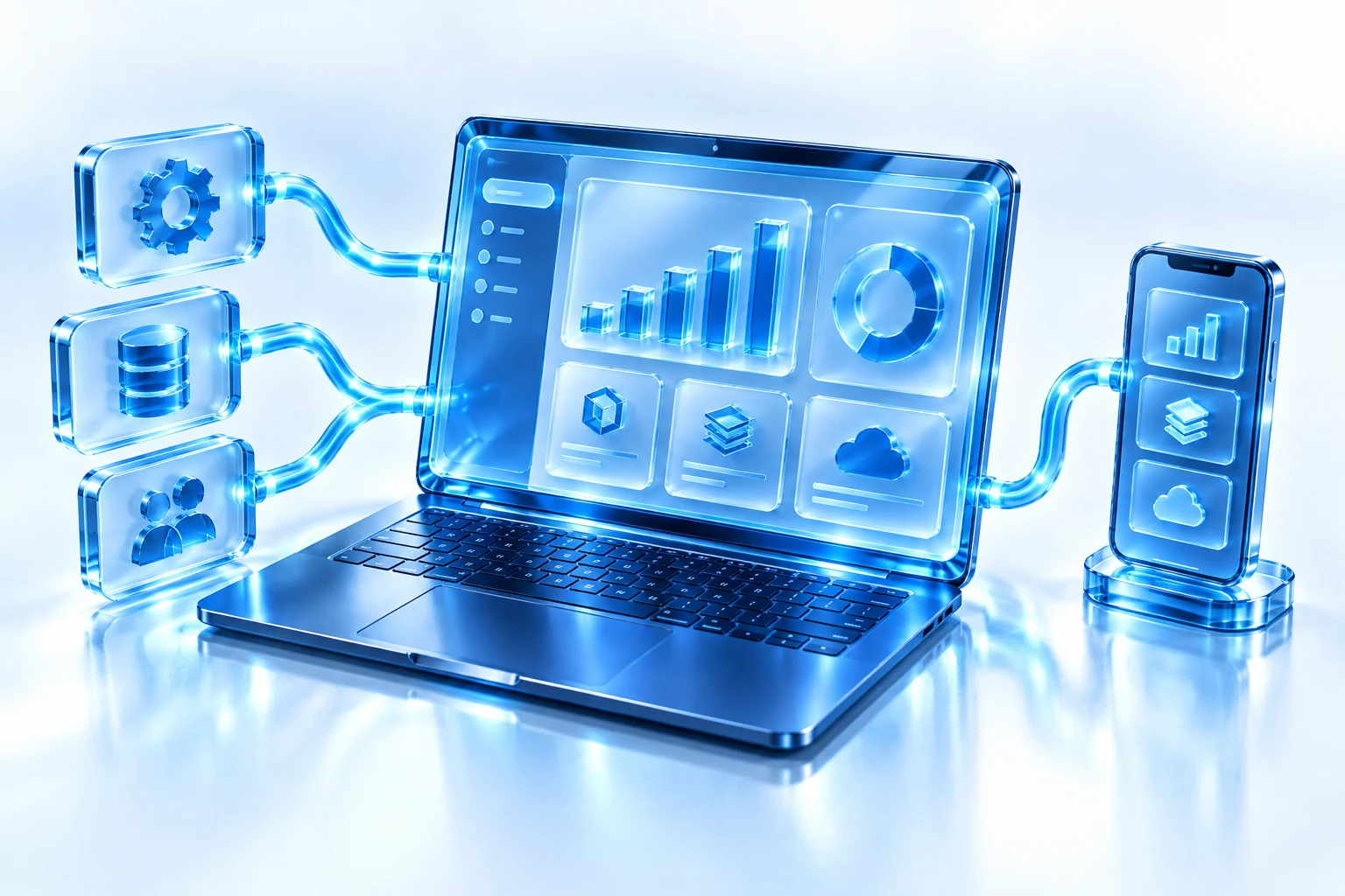 Connected business applications on a laptop and mobile device